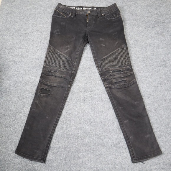Rock Revival Other - Rock Revival Moto Men Black Distressed Biker Jeans Slim Fit Ribbed Details READ